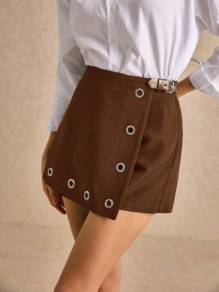 CM-BS032292 Women Casual Seoul Style High Waist Metal Ring Zipper Straight Skort - Brown