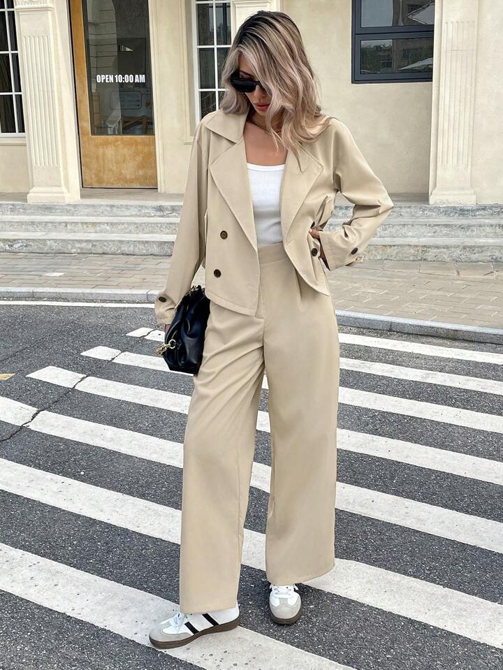 CM-SS009280 Women Elegant Seoul Style Solid Color Lapel Neck Long Sleeve Double-Breasted Jacket With Pants - Set