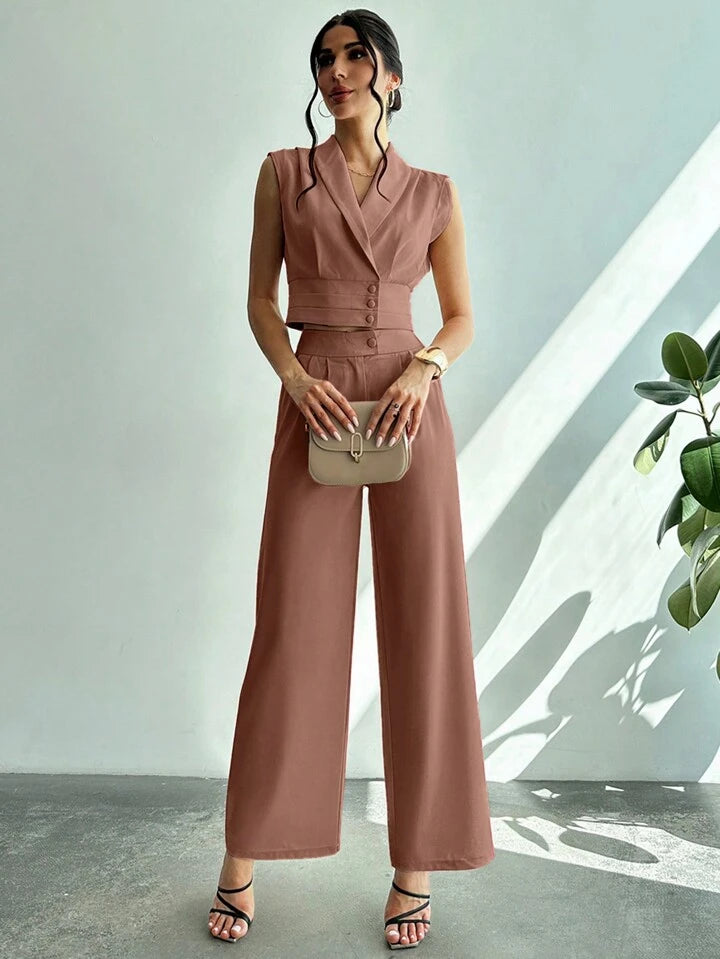 CM-SS414674 Women Elegant Seoul Style Collared Fitted Cap Sleeve Shirt With Straight-Leg Pants Suit - Khaki