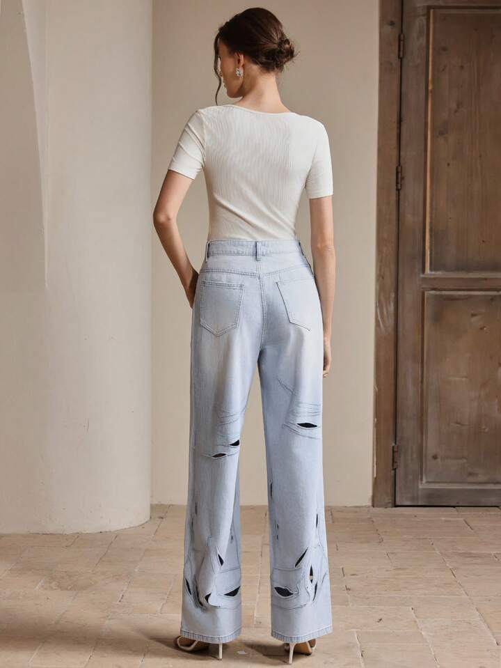 CM-BS909369 Women Casual Seoul Style Light Wash Mid Waist Distressed Straight Leg Jeans