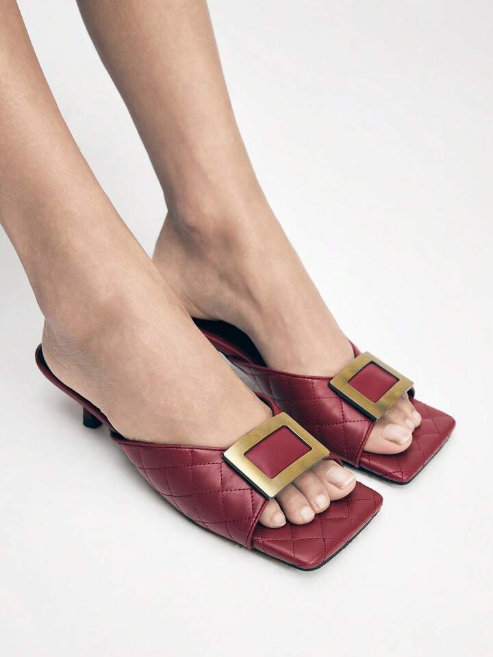 CM-SHS026491 Women Trendy Seoul Style Colorblock Square Toe High Heel Sandals - Burgundy