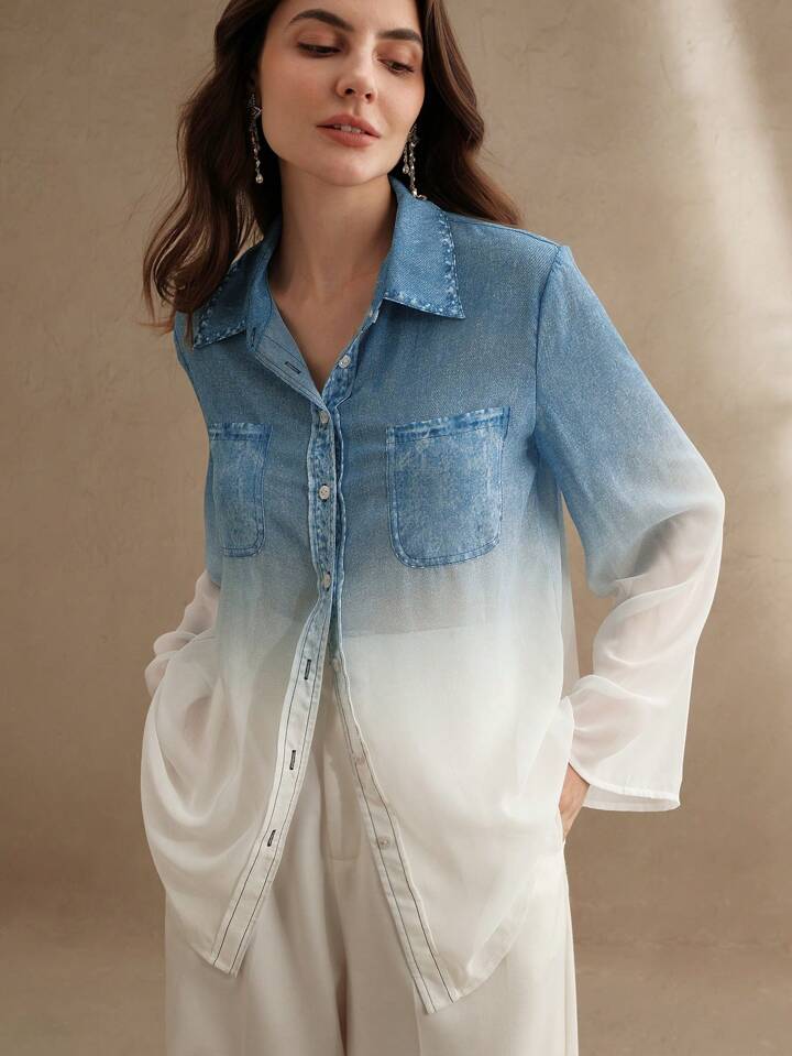 CM-TS772007 Women Casual Seoul Style Chiffon Fabric Imitation Denim Gradient Long Sleeved Shirt - Blue