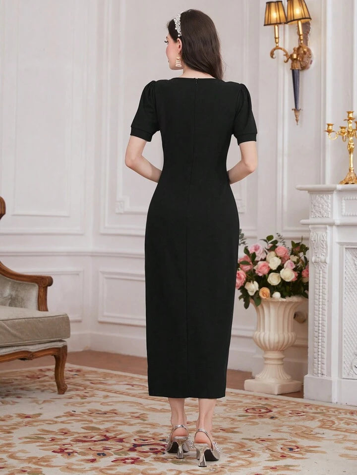 CM-DS428675 Women Elegant Seoul Style Short Puff Sleeve Slit Hem Dress - Black