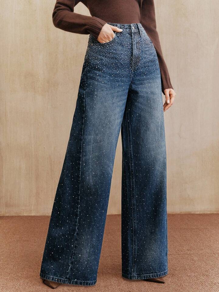 CM-BS052931 Women Elegant Seoul Style Dark Wash Mid Waist Baggy Flared Leg Pants