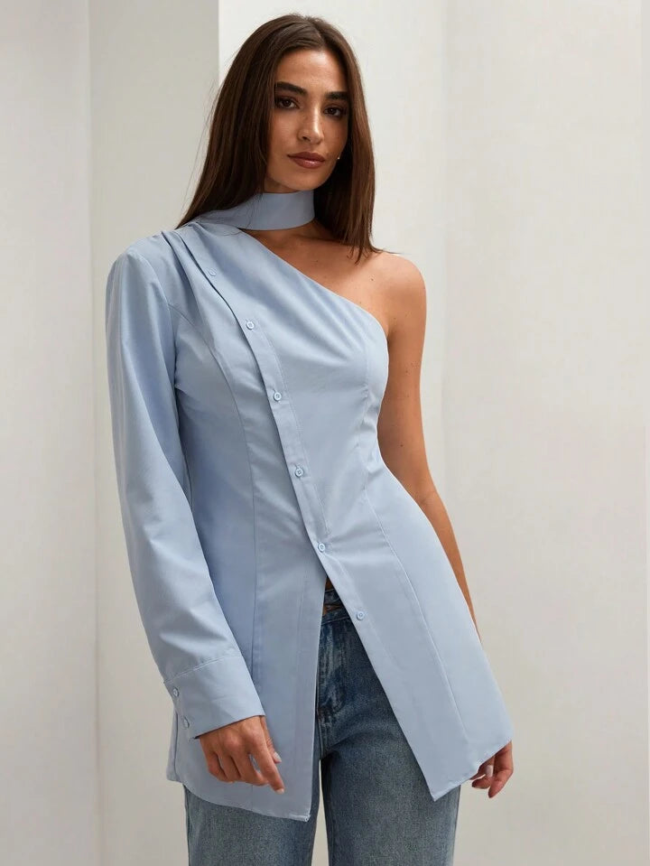CM-TS864404 Women Casual Seoul Style Asymmetric Collar One Shoulder Long Sleeve Blouse - Baby Blue