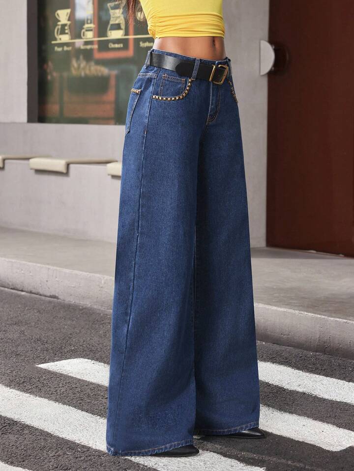 CM-BS311010 Women Casual Seoul Style Rivet Decor Black Leather Belt Low Waist Wide Leg Jeans - Blue
