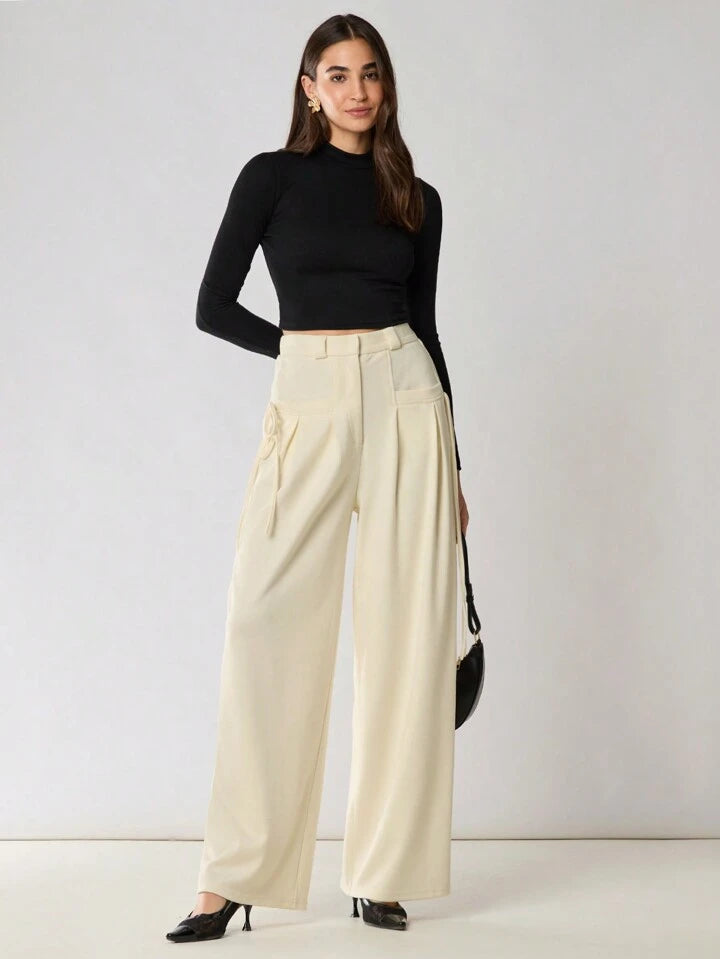 CM-BS518013 Women Casual Seoul Style Solid Color Drawstring Pocket Minimalist Pants - Apricot