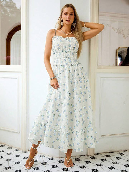 CM-DS263838 Women Casual Seoul Style Floral Print Spaghetti Strap Lace Trim Dress