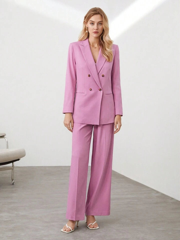 CM-SS642324 Women Elegant Seoul Style Double Breasted Lapel Jacket With Wide Leg Pants Suit - Pink