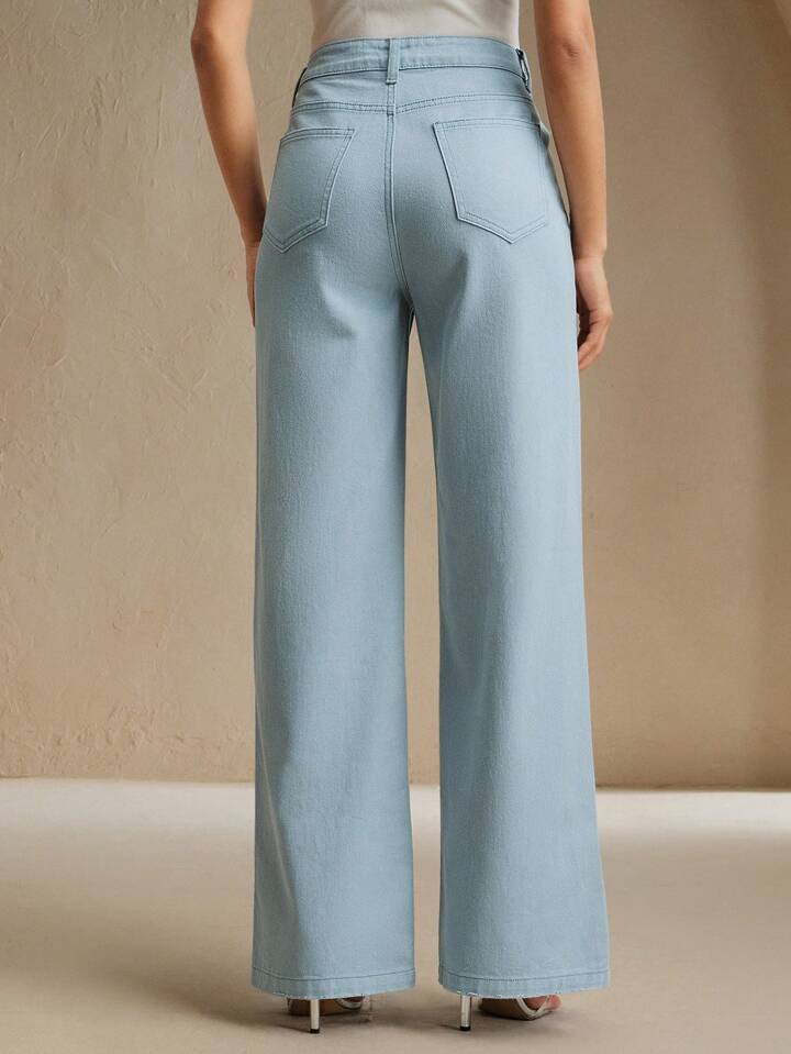 CM-BS558347 Women Casual Seoul Style Mid Waist Rhinestoned Decor Straight Leg Jeans - Blue
