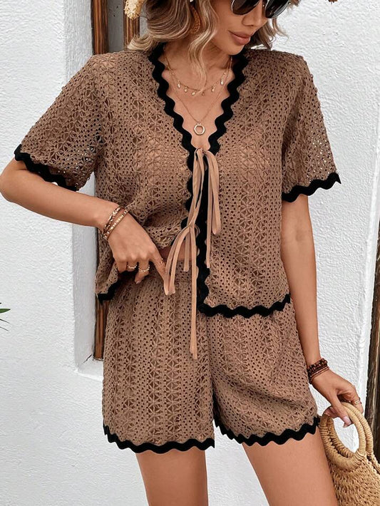 CM-SS667298 Women Trendy Bohemian Style Hollow Out Front Tie Short Sleeve Top With Shorts - Khaki