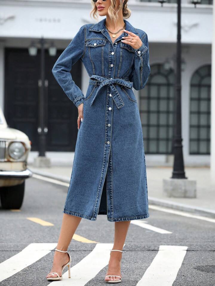 CM-DS140304 Women Casual Seoul Style Collar Neckline Fake Pocket-Breasted Belted Denim Dress - Blue