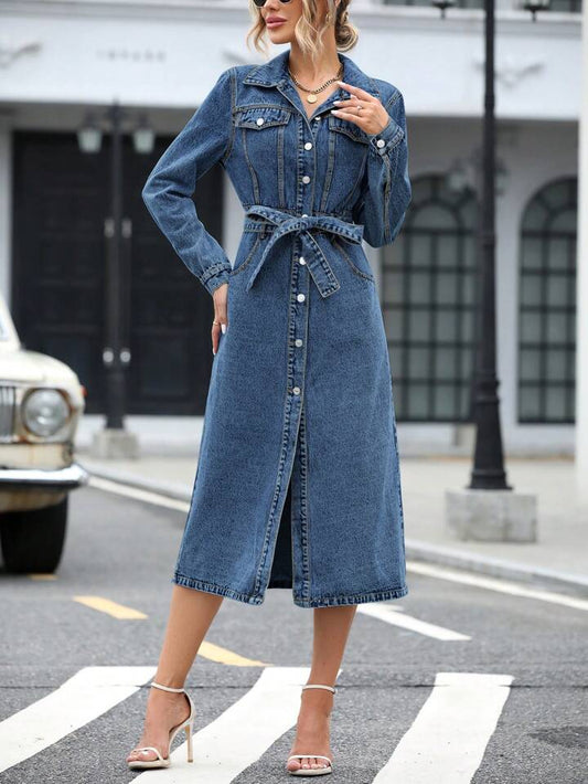 CM-DS140304 Women Casual Seoul Style Collar Neckline Fake Pocket-Breasted Belted Denim Dress - Blue