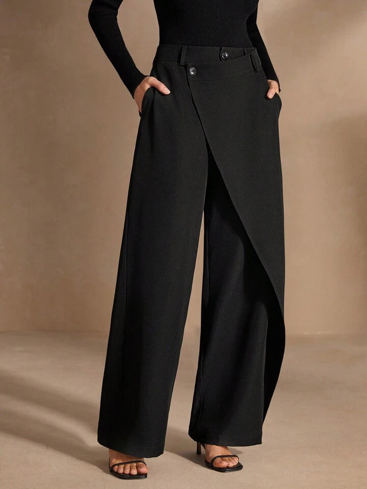 CM-BS635675 Women Elegant Seoul Style Asymmetrical Draping Cross-Wrap Pockets Straight-Leg Pants - Black