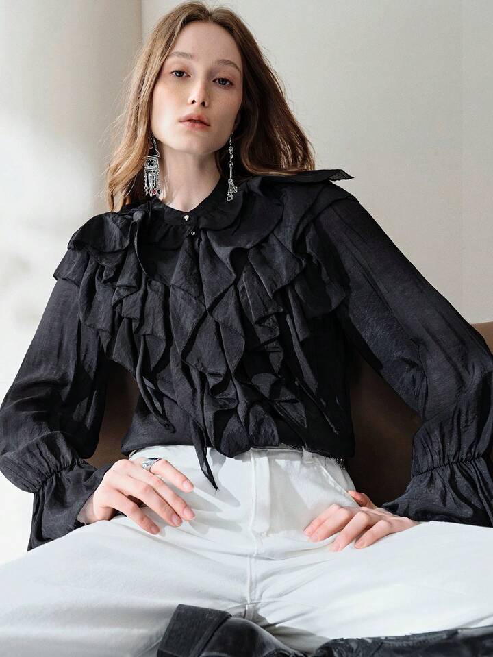 CM-TS054615 Women Elegant Seoul Style Multi-Layer Ruffle Trim Chiffon Flowy Asymmetrical Flounce Sleeve Blouse - Black