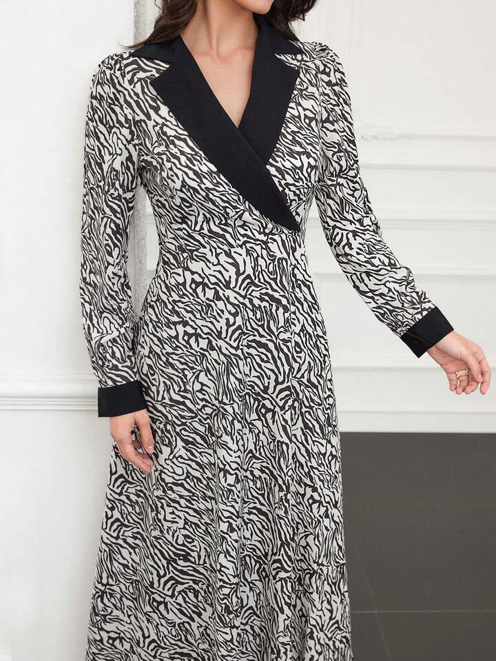 CM-DS176179 Women Casual Seoul Style Printed Patchwork Contrast Color Lapel Dress