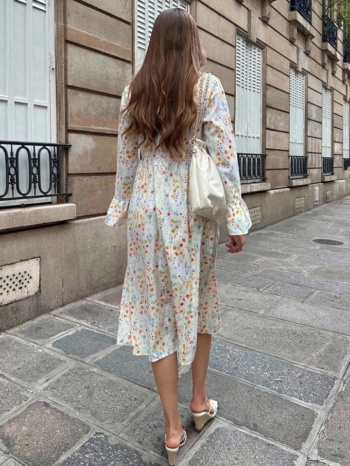 CM-DS933020 Women Casual Seoul Style V-Neck Ditsy Floral Long Sleeve Wrap Waist Dress