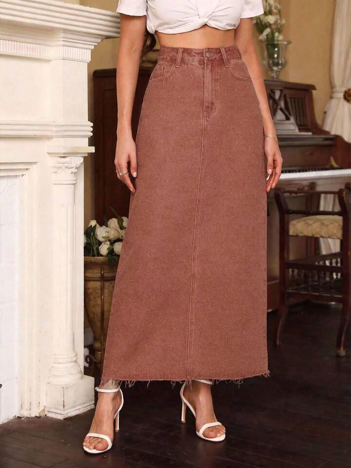CM-BS539705 Women Elegant Seoul Style High Waisted Pocketed Frayed Hem Denim Skirt - Coffee Brown