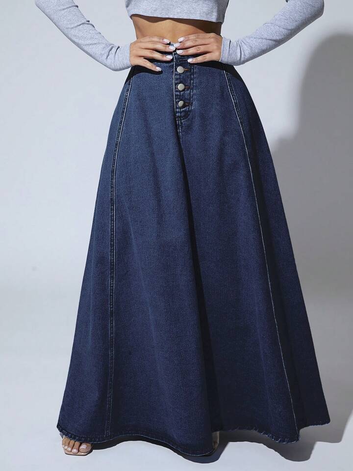CM-BS705182 Women Casual Seoul Style Dark Wash High Waist Button Front Extra Long Denim Skirt