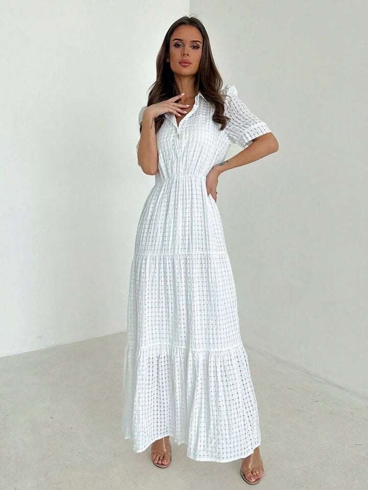CM-DS955536 Women Casual Seoul Style Collared Waist-Tightening Design Bubble Sleeves Long Dress - White