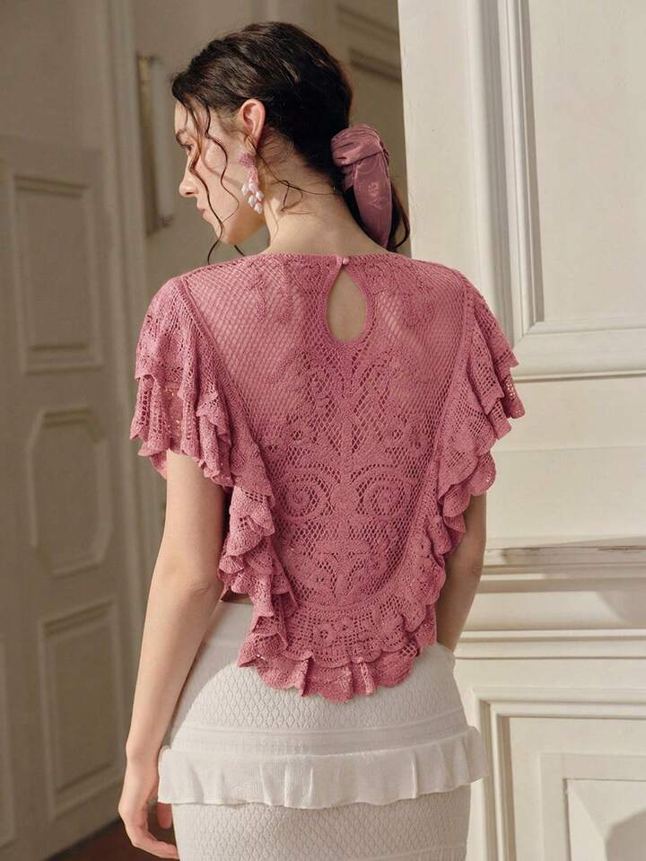 CM-TS415052 Women Elegant Seoul Style Round Neck Sleeveless Elastic Ruffled Hem Cropped Top - Pink
