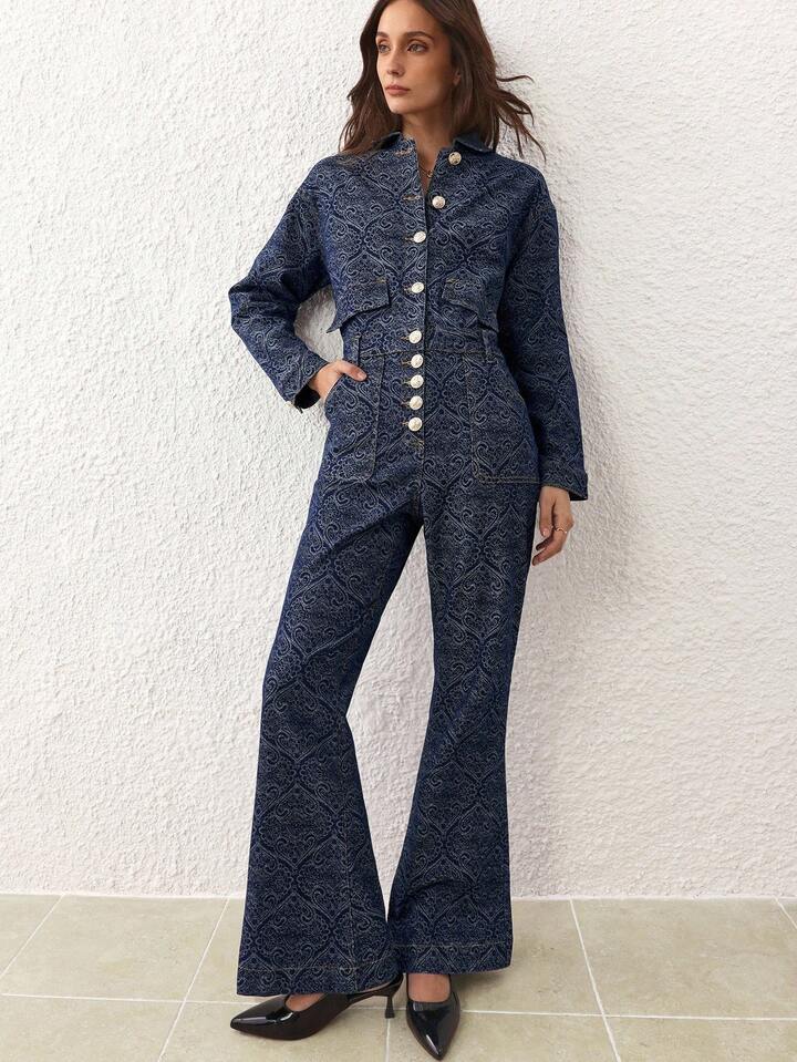 CM-JS528662 Women Elegant Seoul Style Dark Wash Collar Neckline All-Over Print Front Button Long Sleeve Denim Jumpsuit