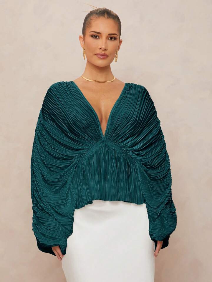 CM-TS230198 Women Elegant Seoul Style Deep V-Neck Long Sleeve Loose Fit Ruffled Hem  Oversized Blouse - Teal Blue