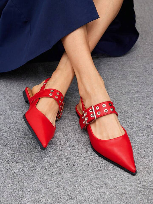 CM-SHS580080 Women Trendy Seoul Style Pointed Toe Buckled Backless Flat Shoes - Red