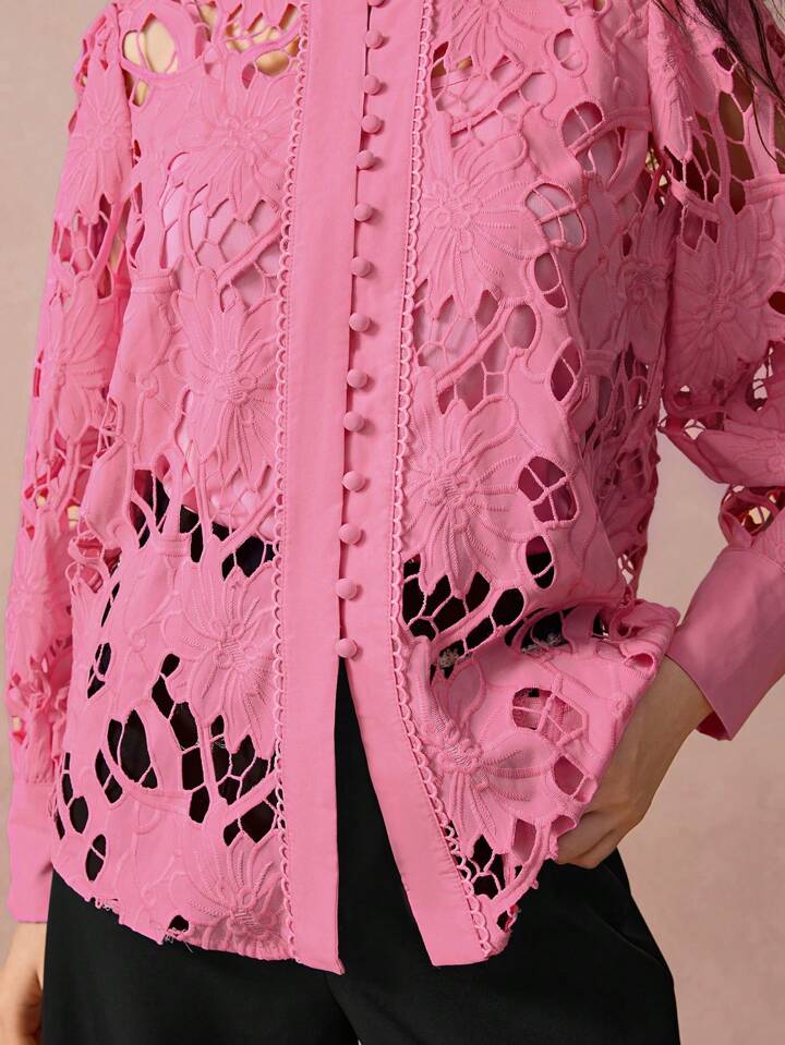 CM-TS490679 Women Elegant Seoul Style Embroidered Cutout Patchwork Stand Collar Button Front Shirt