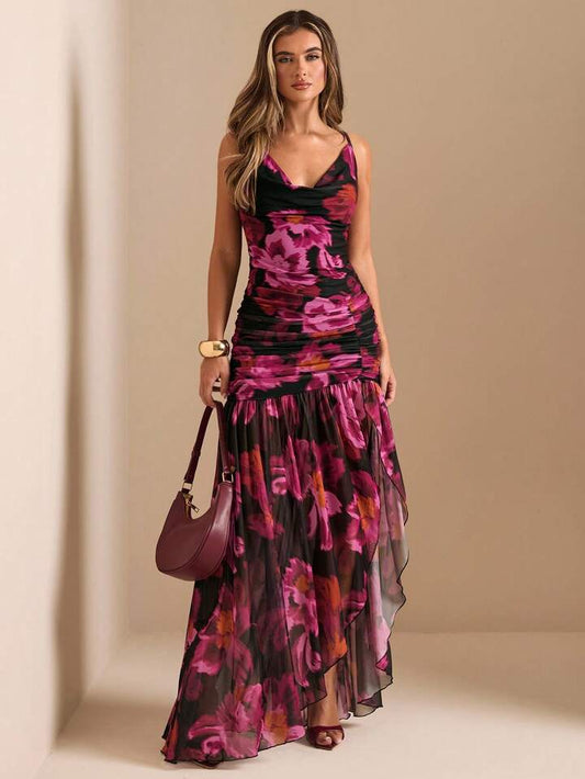 CM-DS809380 Women Trendy Bohemian Style Deep Draped Neck High Slit Floral Print Fitted Mesh Dress - Dark Pink