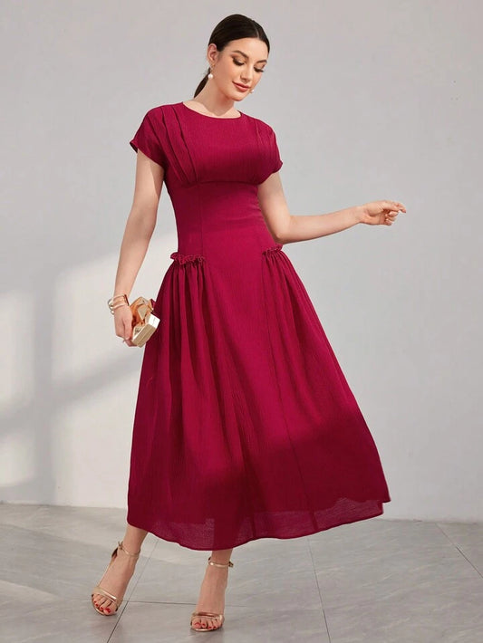 CM-DS200687 Women Elegant Seoul Style Batwing Sleeve Waist Cinched Dress - Burgundy