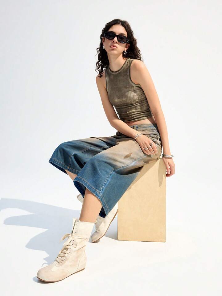 CM-BS727919 Women Casual Seoul Style Loose Flared Wide Leg 7/8 Denim Jeans