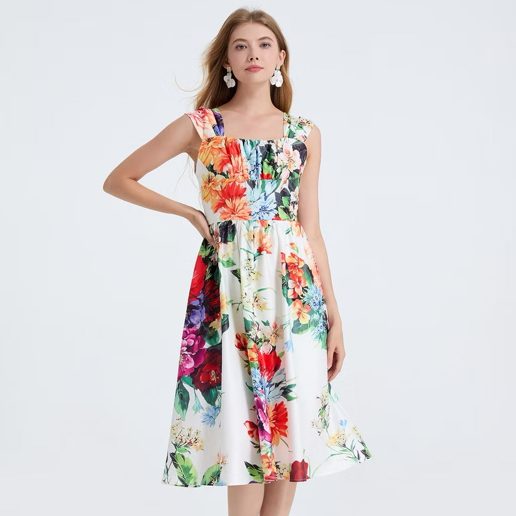 CM-DY053340 Women Elegant European Style High Waist Square Collar Sleeveless A-Line Midi Dress