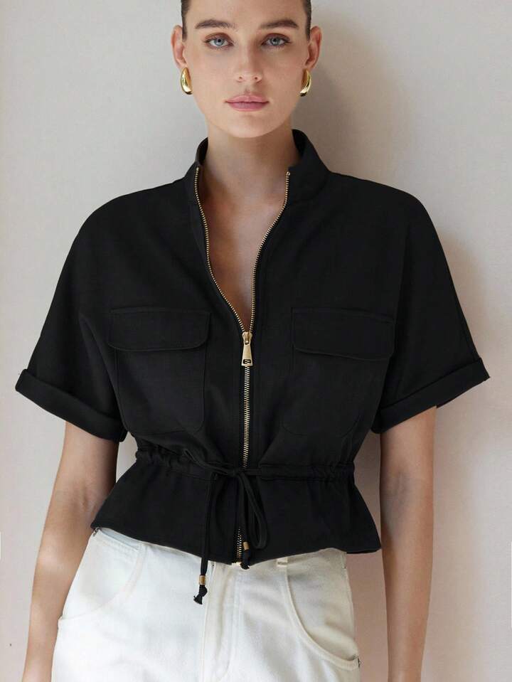 CM-TS180766 Women Casual Seoul Style Two Symmetrical Pockets Short Sleeve Cinched Waist Top - Black