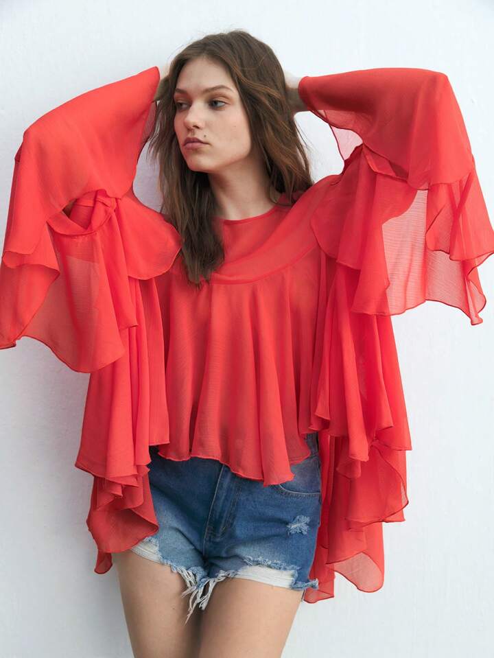 CM-TS115361 Women Trendy Bohemian Style Round Neck Long Sleeve Asymmetrical Mesh Shirt - Red