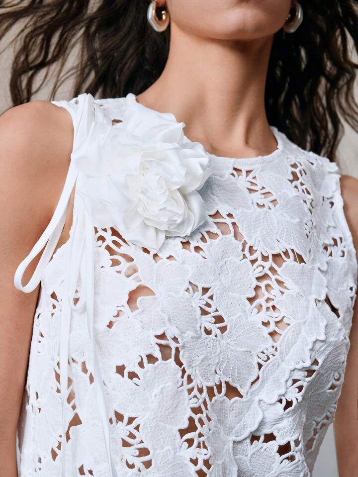 CM-TS066923 Women Elegant Seoul Style Round Neck 3D Floral Hollow Out Embroidery Blouse - Beige