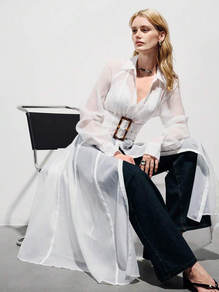 CM-DS108757 Women Elegant Seoul Style Collar Chiffon Sleeve Wide Waistband Buckle Flowing Sheer Shirt Dress