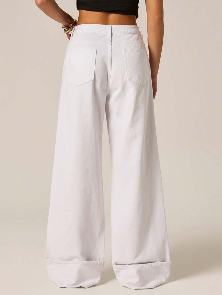 CM-BS711983 Women Casual Seoul Style Mid Waist Pocket Wide Leg Loose Denim Jeans - White