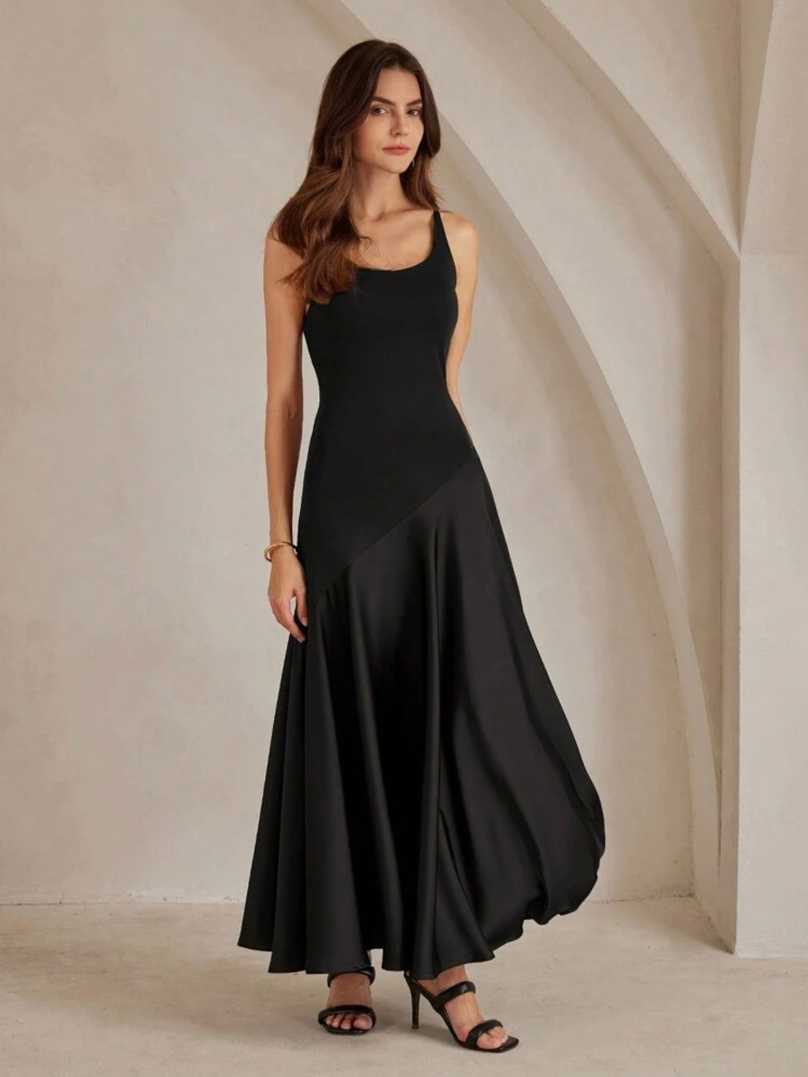 CM-DS475985 Women Elegant Seoul Style Solid Color Minimalist Spaghetti Strap Maxi A-Line Dress - Black