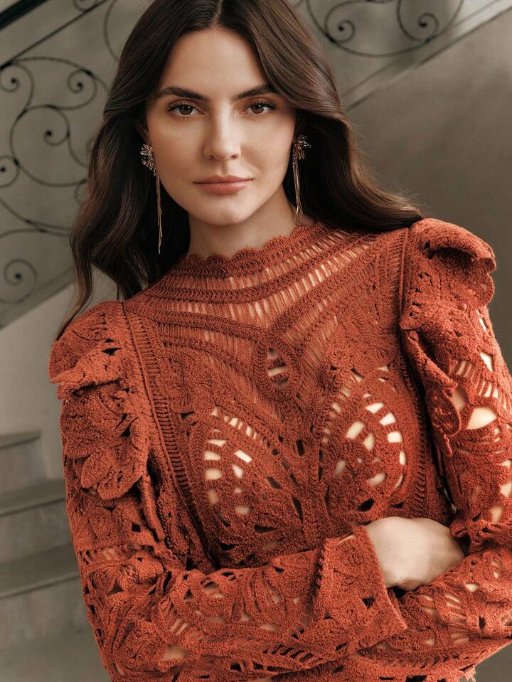 CM-TS490712 Women Casual Seoul Style Symmetrical Floral Pattern Cropped Ruffled Hem Knit Top - Rust Brown