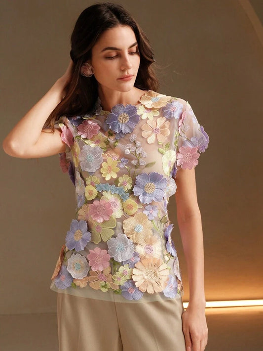 CM-TS588829 Women Elegant Seoul Style Round Neck Flounce Sleeve Embroidery Floral Applique Blouse - Baby Pink