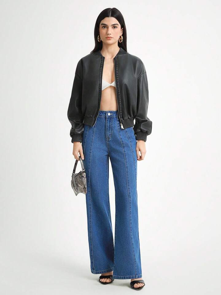 CM-BS080566 Women Casual Seoul Style Medium Wash High Waist Diagonal Split Straight Leg Denim Pants