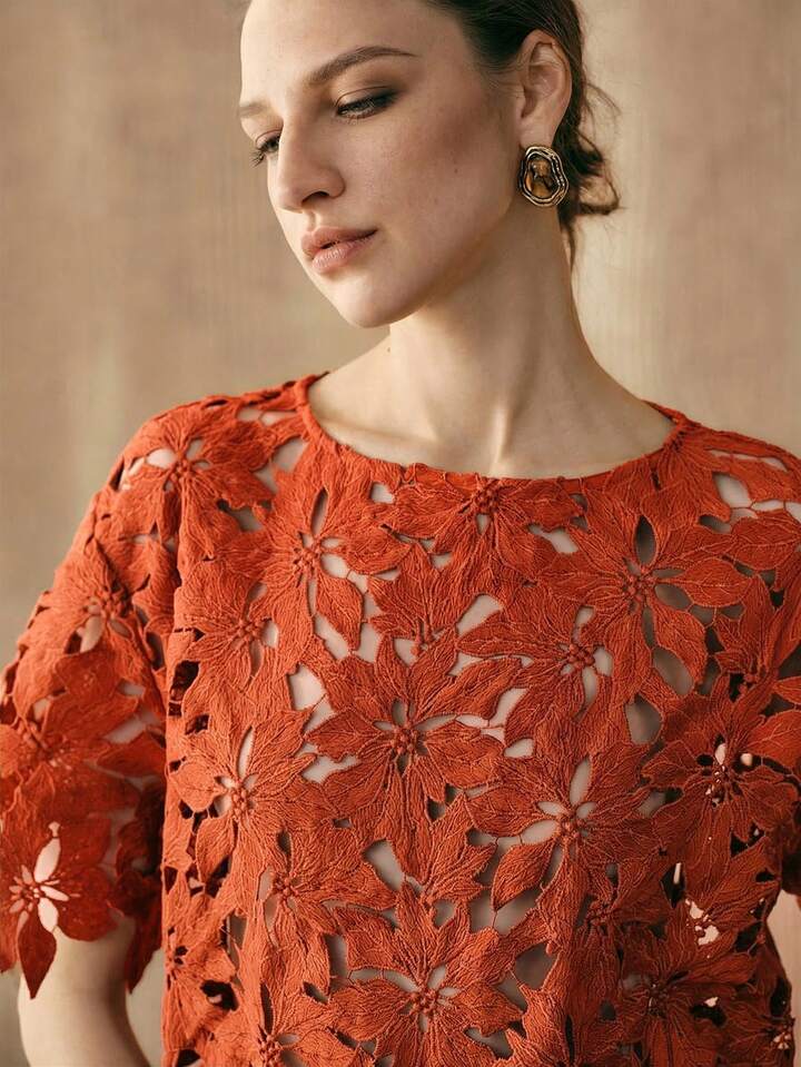 CM-TS529067 Women Trendy Bohemian Style Embroidered Round Neck Short Sleeve Top - Orange