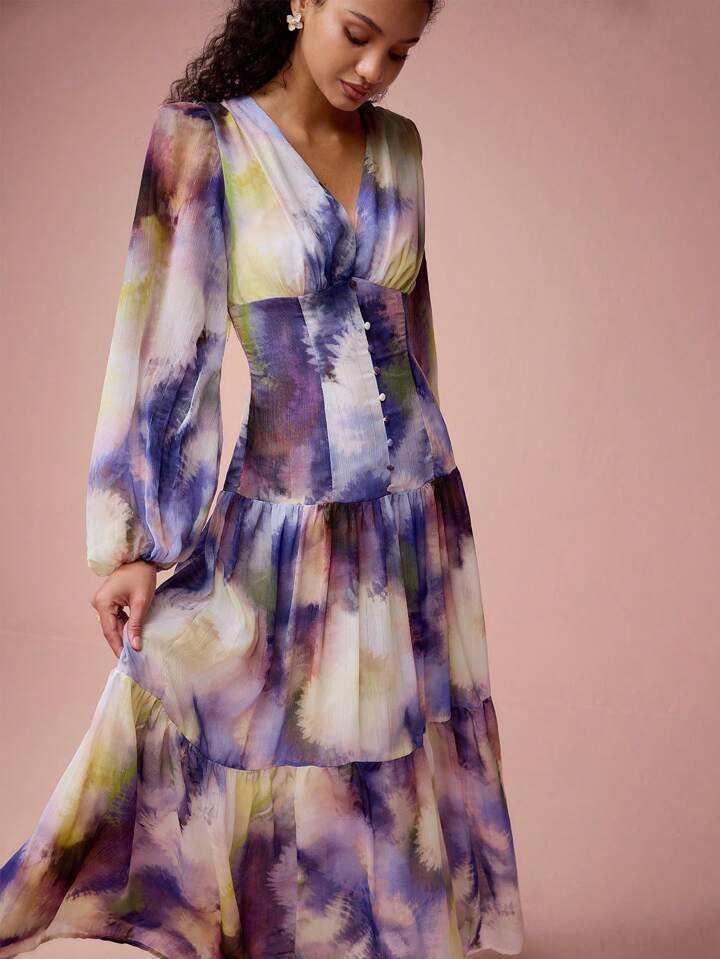 CM-DS748264 Women Elegant Seoul Style V-Neck Lantern Sleeve Dye Print A-Line Maxi Dress
