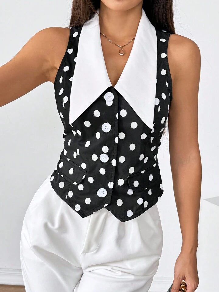 sz2405283825280022CM-TS280022 Women Casual Seoul Style Peter Pan Collar Sleeveless Polka Dot Satin Blouse
