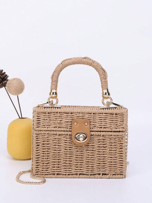CM-BGS638723 Women Trendy Seoul Style Minimalist Twist Lock Flap Straw Bag - Camel