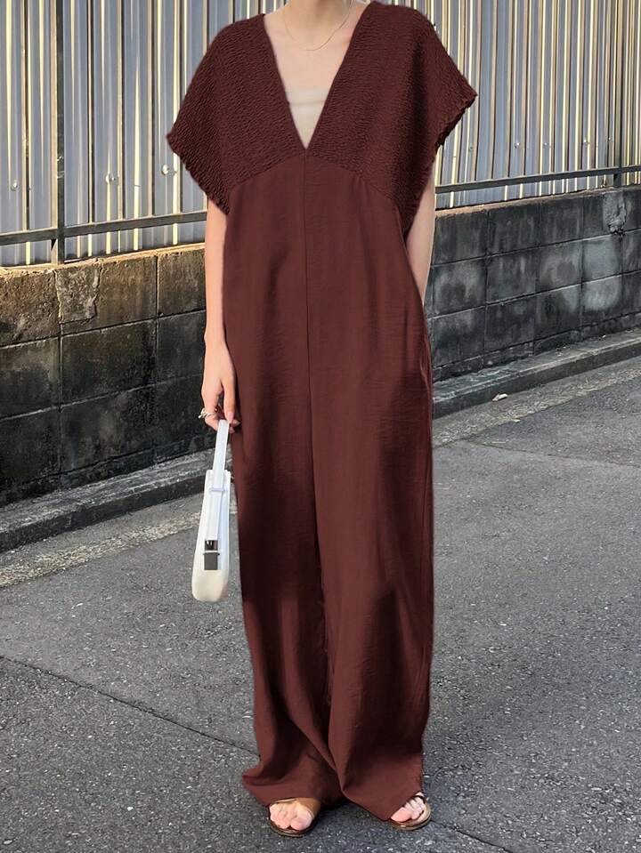 CM-JS624211 Women Trendy Bohemian Style V-Neck With Drawstring Jumpsuit Trousers - Redwood