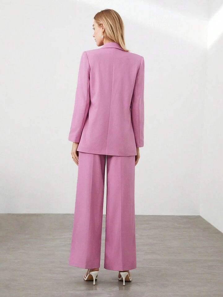 CM-SS642324 Women Elegant Seoul Style Double Breasted Lapel Jacket With Wide Leg Pants Suit - Pink