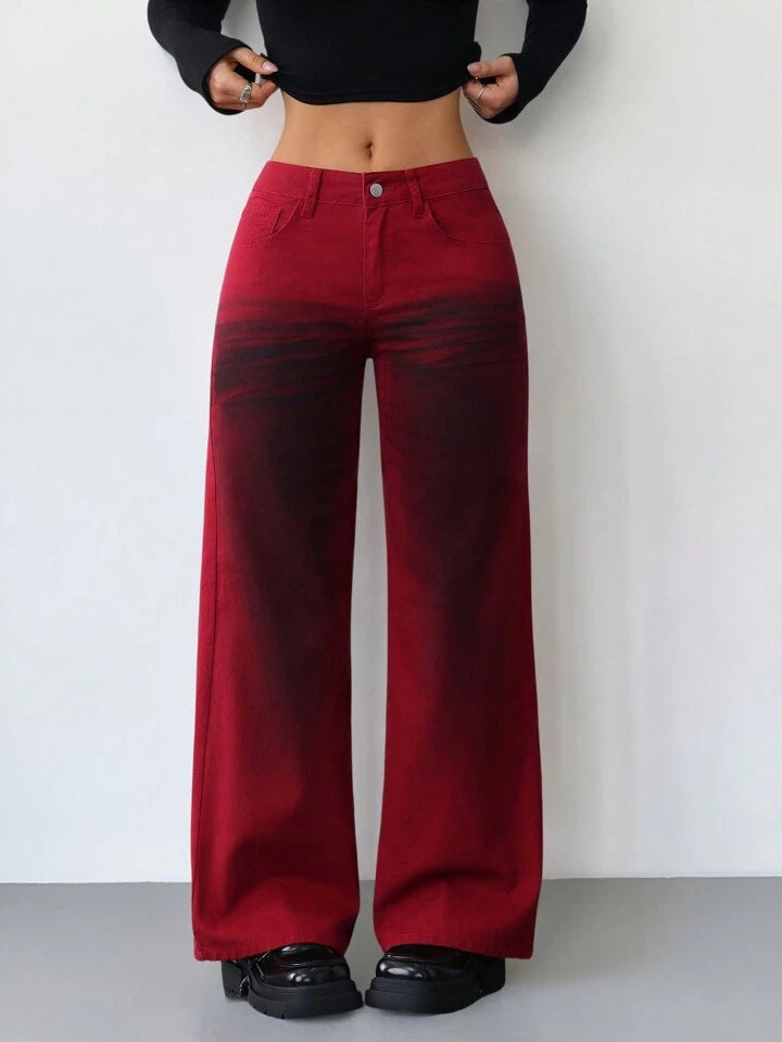 CM-BS522457 Women Casual Seoul Style Low Rise Jeans Dirty Vintage Wide Leg Jeans - Burgundy