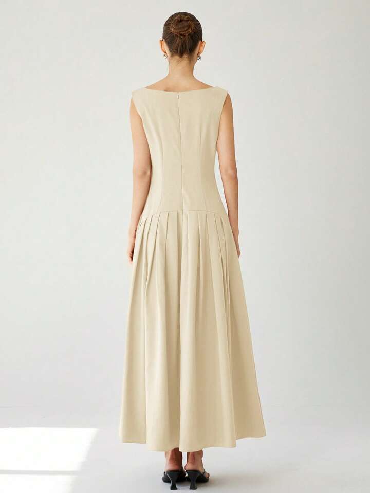 CM-DS726755 Women Elegant Seoul Style Sleeveless Cinched Waist Low Waist Pleated Ruffle Hem Long Dress - Apricot